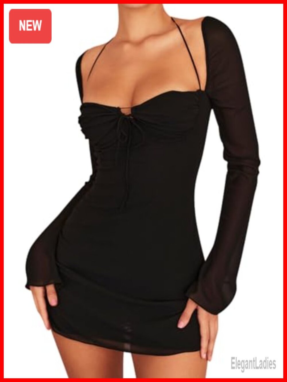 Women's Mesh Mini Bodycon Dress Long Puff Sleeve Sweetheart Party Dress